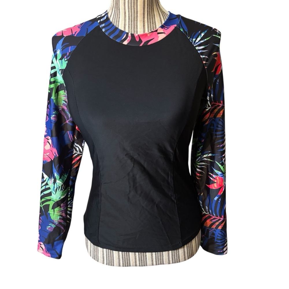 NEW BesserBay Rashguard Large Black Long Sleeve Tropical Floral Raglan Swim Tee